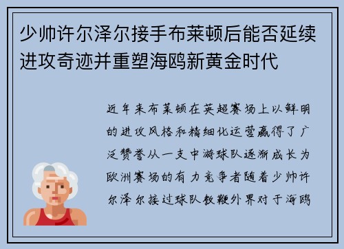 少帅许尔泽尔接手布莱顿后能否延续进攻奇迹并重塑海鸥新黄金时代